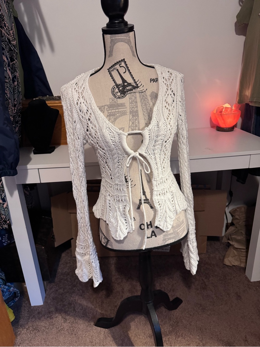 VENUS Openwork Knit Tie-Front Cardigan